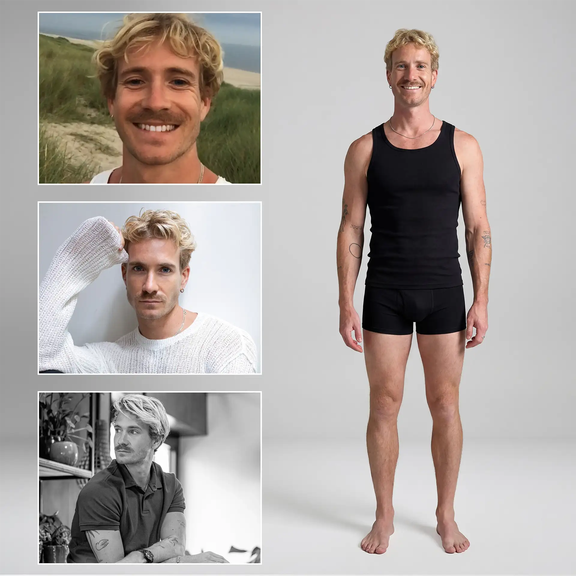 Drie fotografische referenties van het echte model naast zijn digital twin