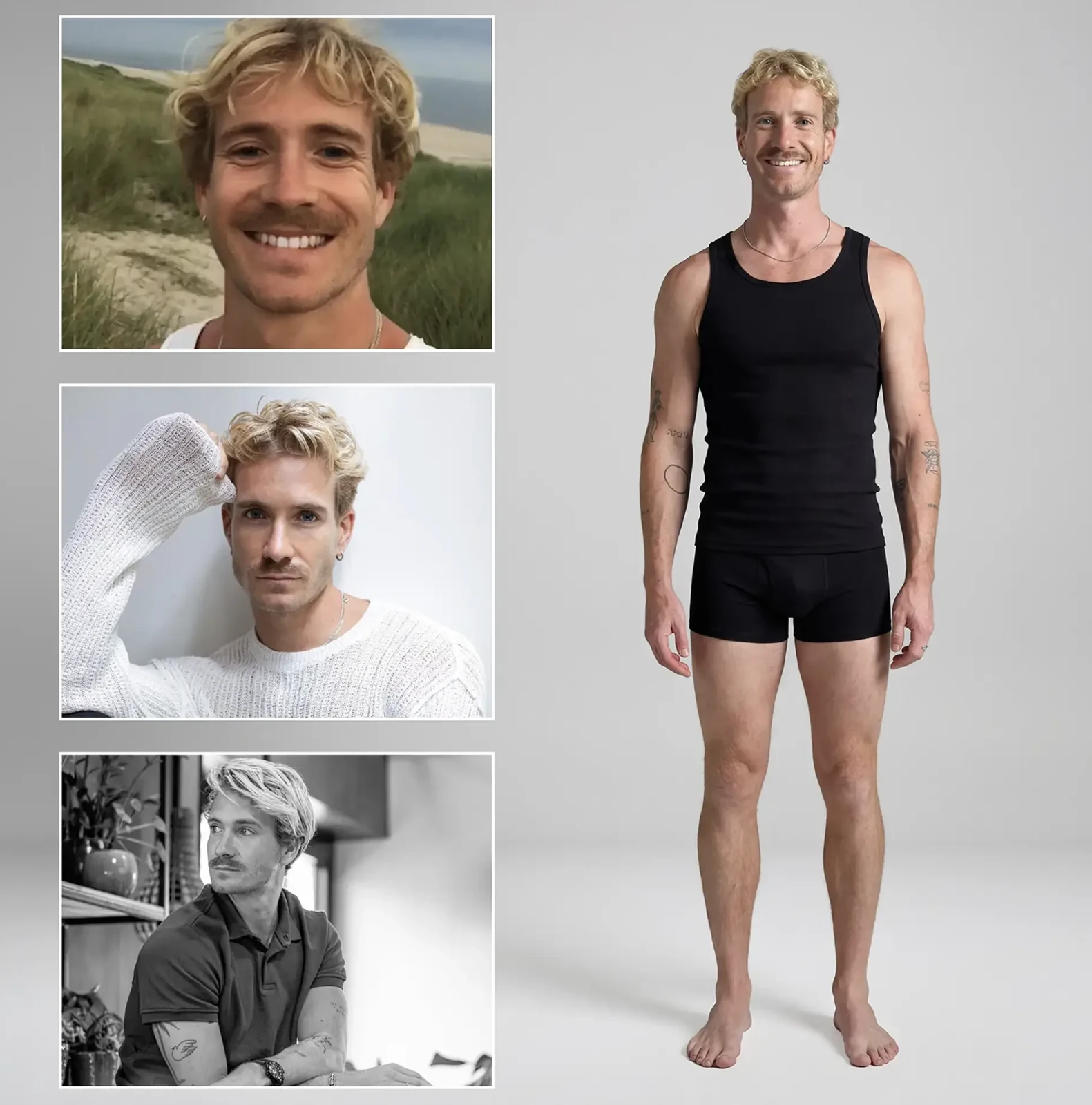 Drie fotografische modelreferenties naast het digitale model