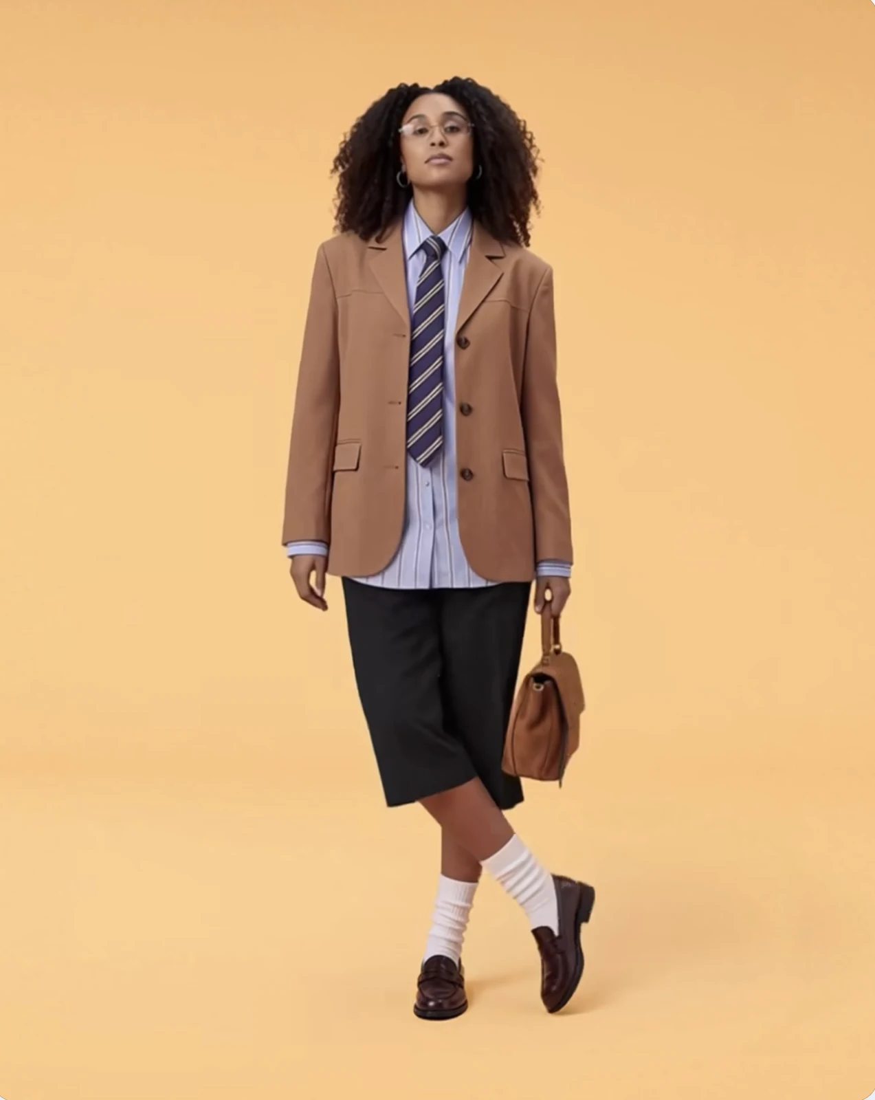Model in blazer en stropdas met gekruiste benen: een bewust geregisseerde pose