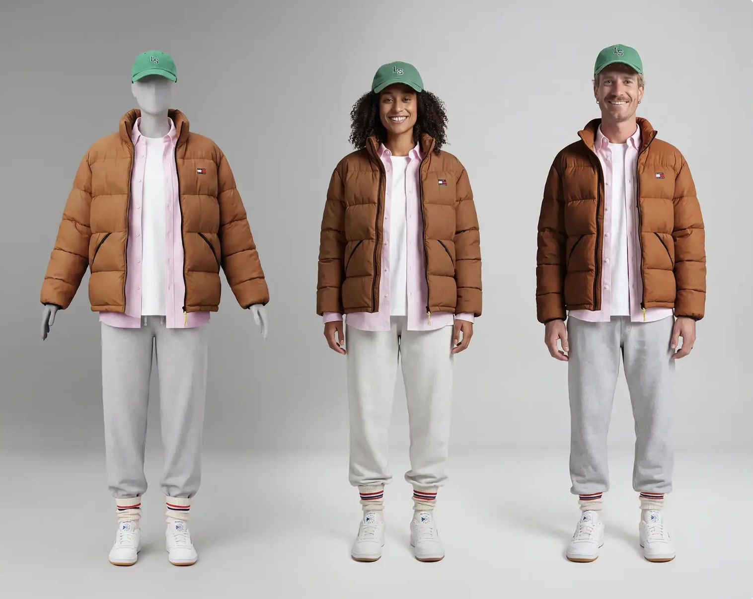 Dezelfde outfit op een mannequin en op twee digitale modellen