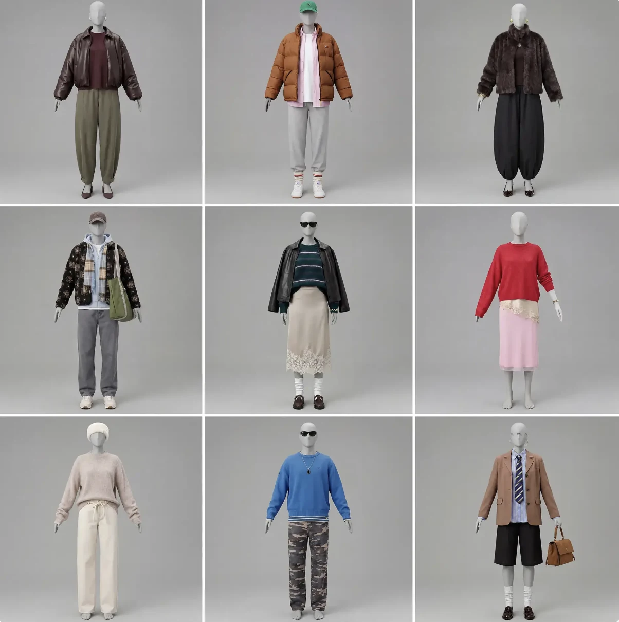 Negen verschillende outfits op digitale mannequins